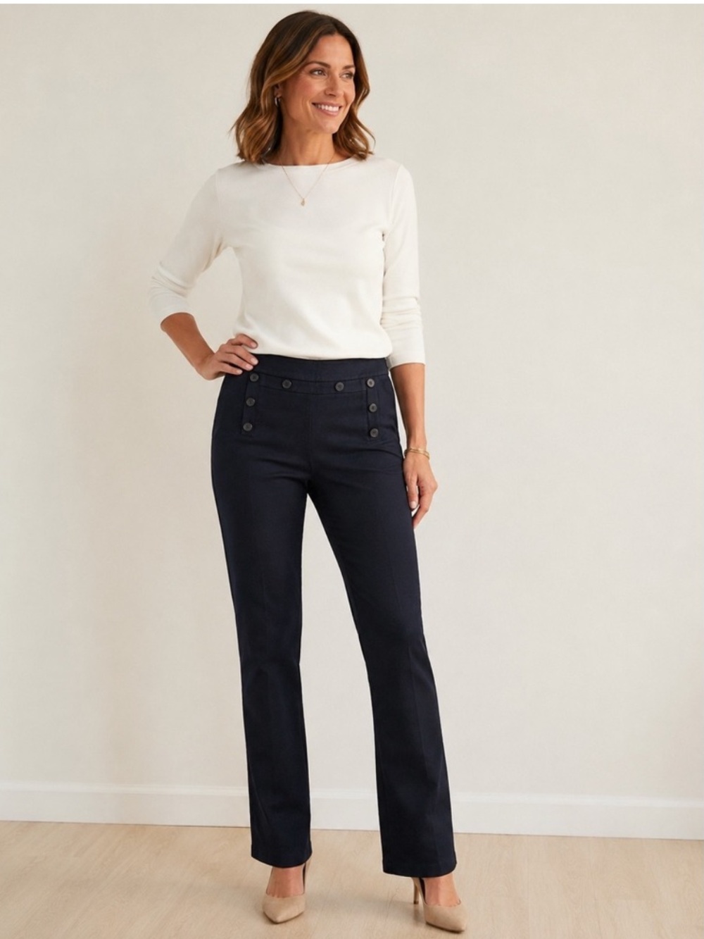 CAbi Mariner Navy Blue High Rise Sailor Button Front Trouser Pants Nautical 14L